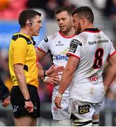27 April 2019; referee George Clancy in conversation with Ulster captain Darren Cave, centre, and Sean Reidy during the Guinness PRO14 Round 21 match between Ulster and Leinster at the Kingspan Stadium in Belfast. Photo by Ramsey Cardy/Sportsfile