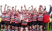 28 April 2019; Tom Ryan of Enniscorthy RFC, centre, and teammates celebrate with the cup following the Bank of Ireland Provincial Towns Cup final match between Enniscorthy RFC and Wicklow RFC at Navan RFC in Navan. Photo by Sam Barnes/Sportsfile