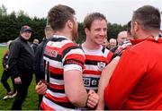 28 April 2019; Arthur Dunne, centre, and David O'Dwyer,left,  of Enniscorthy RFC, celebrate following the Bank of Ireland Provincial Towns Cup final match between Enniscorthy RFC and Wicklow RFC at Navan RFC in Navan. Photo by Sam Barnes/Sportsfile