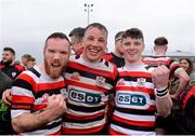 28 April 2019; Hugh O'Neill, Brian Bolger and Billy Wickham of Enniscorthy RFC celebrate following the Bank of Ireland Provincial Towns Cup final match between Enniscorthy RFC and Wicklow RFC at Navan RFC in Navan. Photo by Sam Barnes/Sportsfile