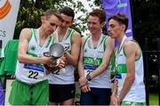 28 April 2019; Runners from Raheny Shamrock AC, Dublin, from left, Kieran Kelly, Cillian Kirwan, Kevin Dooney, and Brian Fay, after winning the senior men's event during the AAI National Road Relays in Raheny, Dublin. Photo by Piaras Ó Mídheach/Sportsfile