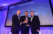 28 April 2019; St Michael’s College Principal Tim Kelleher is presented with the Deep River Rock School of the Year award by Cathal Garvey, Events & Sponsorship Manager, Deep River Rock, and Leinster Branch President Lorcan Balfe. The Leinster Rugby Awards Ball, taking place at the InterContinental Dublin and MC’d by Darragh Maloney, were a celebration of the 2018/19 Leinster Rugby season to date and over the course of the evening Leinster Rugby acknowledged the contributions of departees Seán O’Brien, Jack McGrath, Noel Reid, Mick Kearney, Nick McCarthy, Tom Daly and Ian Nagle. Former Leinster, Ireland and British & Irish Lions player Paul Dean was inducted into the Guinness Hall of Fame. Some of the other Award winners on the night included; St. Michael’s College (Deep River Rock School of the Year), Larry Halpin, Terenure College (Beauchamps Contribution to Leinster Rugby Award), Naas RFC (CityJet Senior Club of the Year), Patrician Secondary School Newbridge (Irish Independent Development School of the Year Award), Suttonians RFC (Bank of Ireland Junior Club of the Year) and Sene Naoupu (Energia Women’s Rugby Award). Photo by Ramsey Cardy/Sportsfile