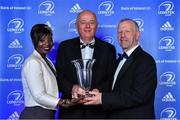 28 April 2019; Naas RFC President Phil Kiely is presented with the CityJet Senior Club of the Year award by Astou N'Diaye, Marketing Manager, CityJet, in the company of Leinster Branch President Lorcan Balfe. The Leinster Rugby Awards Ball, taking place at the InterContinental Dublin and MC’d by Darragh Maloney, were a celebration of the 2018/19 Leinster Rugby season to date and over the course of the evening Leinster Rugby acknowledged the contributions of departees Seán O’Brien, Jack McGrath, Noel Reid, Mick Kearney, Nick McCarthy, Tom Daly and Ian Nagle. Former Leinster, Ireland and British & Irish Lions player Paul Dean was inducted into the Guinness Hall of Fame. Some of the other Award winners on the night included; St. Michael’s College (Deep River Rock School of the Year), Larry Halpin, Terenure College (Beauchamps Contribution to Leinster Rugby Award), Naas RFC (CityJet Senior Club of the Year), Patrician Secondary School Newbridge (Irish Independent Development School of the Year Award), Suttonians RFC (Bank of Ireland Junior Club of the Year) and Sene Naoupu (Energia Women’s Rugby Award). Photo by Brendan Moran/Sportsfile