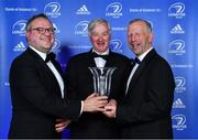 28 April 2019; Larry Halpin is presented with the Beachaumps Contribution to Leinster Rugby by John White, left, Managing Partner, Beachaumps, in the company of Leinster Branch President Lorcan Balfe. The Leinster Rugby Awards Ball, taking place at the InterContinental Dublin and MC’d by Darragh Maloney, were a celebration of the 2018/19 Leinster Rugby season to date and over the course of the evening Leinster Rugby acknowledged the contributions of departees Seán O’Brien, Jack McGrath, Noel Reid, Mick Kearney, Nick McCarthy, Tom Daly and Ian Nagle. Former Leinster, Ireland and British & Irish Lions player Paul Dean was inducted into the Guinness Hall of Fame. Some of the other Award winners on the night included; St. Michael’s College (Deep River Rock School of the Year), Larry Halpin, Terenure College (Beauchamps Contribution to Leinster Rugby Award), Naas RFC (CityJet Senior Club of the Year), Patrician Secondary School Newbridge (Irish Independent Development School of the Year Award), Suttonians RFC (Bank of Ireland Junior Club of the Year) and Sene Naoupu (Energia Women’s Rugby Award). Photo by Brendan Moran/Sportsfile