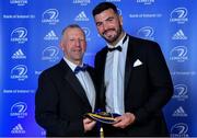 28 April 2019; Leinster Rugby departee Mick Kearney is presented with his cap by Leinster Branch President Lorcan Balfe. The Leinster Rugby Awards Ball, taking place at the InterContinental Dublin and MC’d by Darragh Maloney, were a celebration of the 2018/19 Leinster Rugby season to date and over the course of the evening Leinster Rugby acknowledged the contributions of departees Seán O’Brien, Jack McGrath, Noel Reid, Mick Kearney, Nick McCarthy, Tom Daly and Ian Nagle. Former Leinster, Ireland and British & Irish Lions player Paul Dean was inducted into the Guinness Hall of Fame. Some of the other Award winners on the night included; St. Michael’s College (Deep River Rock School of the Year), Larry Halpin, Terenure College (Beauchamps Contribution to Leinster Rugby Award), Naas RFC (CityJet Senior Club of the Year), Patrician Secondary School Newbridge (Irish Independent Development School of the Year Award), Suttonians RFC (Bank of Ireland Junior Club of the Year) and Sene Naoupu (Energia Women’s Rugby Award). Photo by Brendan Moran/Sportsfile