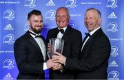 28 April 2019; Paul Dean is presented with the Guinness Hall of Fame award by Paddy Caryberry, Sponsorship Manager, Diageo, in the company of Leinster Branch President Lorcan Balfe. The Leinster Rugby Awards Ball, taking place at the InterContinental Dublin and MC’d by Darragh Maloney, were a celebration of the 2018/19 Leinster Rugby season to date and over the course of the evening Leinster Rugby acknowledged the contributions of departees Seán O’Brien, Jack McGrath, Noel Reid, Mick Kearney, Nick McCarthy, Tom Daly and Ian Nagle. Former Leinster, Ireland and British & Irish Lions player Paul Dean was inducted into the Guinness Hall of Fame. Some of the other Award winners on the night included; St. Michael’s College (Deep River Rock School of the Year), Larry Halpin, Terenure College (Beauchamps Contribution to Leinster Rugby Award), Naas RFC (CityJet Senior Club of the Year), Patrician Secondary School Newbridge (Irish Independent Development School of the Year Award), Suttonians RFC (Bank of Ireland Junior Club of the Year) and Sene Naoupu (Energia Women’s Rugby Award). Photo by Brendan Moran/Sportsfile