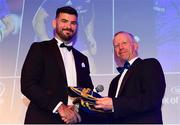 28 April 2019; Leinster Rugby departee Mick Kearney is presented with his cap by Leinster Branch President Lorcan Balfe. The Leinster Rugby Awards Ball, taking place at the InterContinental Dublin and MC’d by Darragh Maloney, were a celebration of the 2018/19 Leinster Rugby season to date and over the course of the evening Leinster Rugby acknowledged the contributions of departees Seán O’Brien, Jack McGrath, Noel Reid, Mick Kearney, Nick McCarthy, Tom Daly and Ian Nagle. Former Leinster, Ireland and British & Irish Lions player Paul Dean was inducted into the Guinness Hall of Fame. Some of the other Award winners on the night included; St. Michael’s College (Deep River Rock School of the Year), Larry Halpin, Terenure College (Beauchamps Contribution to Leinster Rugby Award), Naas RFC (CityJet Senior Club of the Year), Patrician Secondary School Newbridge (Irish Independent Development School of the Year Award), Suttonians RFC (Bank of Ireland Junior Club of the Year) and Sene Naoupu (Energia Women’s Rugby Award). Photo by Ramsey Cardy/Sportsfile