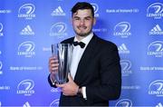 28 April 2019; Max Deegan with the Laya Healthcare Young Player of the Year award. The Leinster Rugby Awards Ball, taking place at the InterContinental Dublin and MC’d by Darragh Maloney, were a celebration of the 2018/19 Leinster Rugby season to date and over the course of the evening Leinster Rugby acknowledged the contributions of departees Seán O’Brien, Jack McGrath, Noel Reid, Mick Kearney, Nick McCarthy, Tom Daly and Ian Nagle. Former Leinster, Ireland and British & Irish Lions player Paul Dean was inducted into the Guinness Hall of Fame. Some of the other Award winners on the night included; St. Michael’s College (Deep River Rock School of the Year), Larry Halpin, Terenure College (Beauchamps Contribution to Leinster Rugby Award), Naas RFC (CityJet Senior Club of the Year), Patrician Secondary School Newbridge (Irish Independent Development School of the Year Award), Suttonians RFC (Bank of Ireland Junior Club of the Year) and Sene Naoupu (Energia Women’s Rugby Award). Photo by Brendan Moran/Sportsfile