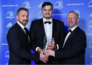 28 April 2019; Max Deegan is presented with the Laya Healthcare Young Player of the Year award by D.O. O’Connor, left, Deputy Managing Director, Laya Healthcare, in the company of Leinster Branch President Lorcan Balfe. The Leinster Rugby Awards Ball, taking place at the InterContinental Dublin and MC’d by Darragh Maloney, were a celebration of the 2018/19 Leinster Rugby season to date and over the course of the evening Leinster Rugby acknowledged the contributions of departees Seán O’Brien, Jack McGrath, Noel Reid, Mick Kearney, Nick McCarthy, Tom Daly and Ian Nagle. Former Leinster, Ireland and British & Irish Lions player Paul Dean was inducted into the Guinness Hall of Fame. Some of the other Award winners on the night included; St. Michael’s College (Deep River Rock School of the Year), Larry Halpin, Terenure College (Beauchamps Contribution to Leinster Rugby Award), Naas RFC (CityJet Senior Club of the Year), Patrician Secondary School Newbridge (Irish Independent Development School of the Year Award), Suttonians RFC (Bank of Ireland Junior Club of the Year) and Sene Naoupu (Energia Women’s Rugby Award). Photo by Brendan Moran/Sportsfile