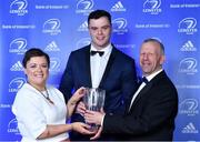 28 April 2019; James Ryan is presented with the Bank of Ireland Player's Player of the Year by Paula Murphy, Head of Strategic Sponsorship, Bank of Ireland, in the company of Leinster Branch President Lorcan Balfe. The Leinster Rugby Awards Ball, taking place at the InterContinental Dublin and MC’d by Darragh Maloney, were a celebration of the 2018/19 Leinster Rugby season to date and over the course of the evening Leinster Rugby acknowledged the contributions of departees Seán O’Brien, Jack McGrath, Noel Reid, Mick Kearney, Nick McCarthy, Tom Daly and Ian Nagle. Former Leinster, Ireland and British & Irish Lions player Paul Dean was inducted into the Guinness Hall of Fame. Some of the other Award winners on the night included; St. Michael’s College (Deep River Rock School of the Year), Larry Halpin, Terenure College (Beauchamps Contribution to Leinster Rugby Award), Naas RFC (CityJet Senior Club of the Year), Patrician Secondary School Newbridge (Irish Independent Development School of the Year Award), Suttonians RFC (Bank of Ireland Junior Club of the Year) and Sene Naoupu (Energia Women’s Rugby Award). Photo by Brendan Moran/Sportsfile