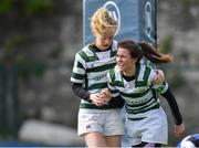 27 April 2019; Clare Looney of Greystones RFC, right, celebrates scoring a try with team-mate Alex Dalton during the Bank of Ireland Paul Cusack Plate Final match between Greystones RFC and Wanderers FC at Bective Rangers RFC at Energia Park in Dublin. Photo by Piaras Ó Mídheach/Sportsfile