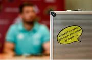 29 April 2019; A reporters briefcase is seen as Jean Kleyn speaks during a Munster Rugby press conference at the University of Limerick in Limerick. Photo by Diarmuid Greene/Sportsfile