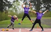 29 April 2019; Sprinter Molly Scott, left, high jumper Daena Kealy, centre, and javelin thrower Rory Gunning during the launch of the Irish Life Health Athletics Summer Camp in Morton Stadium in Santry, Dublin. Run, Jump and Throw at the Irish Life Health Athletics Summer Camps! Photo by Ramsey Cardy/Sportsfile