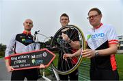 29 April 2019; Kildare footballer Kevin Feely, with Peter O'Toole, left, advanced nurse practicioner, St Michael's Hosital, Dún Laoghaire, and David Magee, right, medical advisor, A Menarini, at the launch of the ‘Get Breathless for COPD Cycle’. Supported by A.Menarini Pharmaceuticals and held in partnership with COPD Support Ireland, it aims to raise much-needed funds for COPD Support Ireland and pulmonary rehabilitation services. Photo by Brendan Moran/Sportsfile