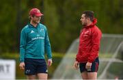 29 April 2019; Tyler Bleyendaal, left, and JJ Hanrahan in conversation during Munster Rugby squad training at the University of Limerick in Limerick. Photo by Diarmuid Greene/Sportsfile