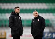 29 April 2019; St Patrick's Athletic manager Harry Kenny, right, and director of football Ger O'Brien prior to the SSE Airtricity League Premier Division match between Shamrock Rovers and St Patrick's Athletic at Tallaght Stadium in Dublin. Photo by Seb Daly/Sportsfile