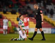 29 April 2019; Aaron Greene of Shamrock Rovers and referee Ben Connolly during the SSE Airtricity League Premier Division match between Shamrock Rovers and St Patrick's Athletic at Tallaght Stadium in Dublin. Photo by Seb Daly/Sportsfile
