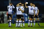 29 April 2019; Jordan Flores of Dundalk, centre, celebrates with team-mates after scoring their second goal during the SSE Airtricity League Premier Division match between Waterford and Dundalk at the RSC in Waterford. Photo by Piaras Ó Mídheach/Sportsfile