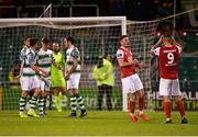 29 April 2019; James Doona of St Patrick's Athletic, second from right, reacts after missing a late freekick during the SSE Airtricity League Premier Division match between Shamrock Rovers and St Patrick's Athletic at Tallaght Stadium in Dublin. Photo by Seb Daly/Sportsfile