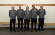 23 April 2019 ; Kerry manager Peter Keane, centre, along with his management team consisting of James Foley, Tommy Griffin, Maurice Fitzgerald and Donie Buckley during the Kerry football squad portraits 2019 at Kerry GAA Centre of Excellence in Currans, County Kerry. Photo by Diarmuid Greene/Sportsfile