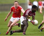 30 March 2019; Boidu Sayeh of Westmeath in action against Jim McEnaney of Louth during the Allianz Football League Roinn 3 Round 6 match between Louth and Westmeath at the Gaelic Grounds in Drogheda, Louth.   Photo by Oliver McVeigh/Sportsfile