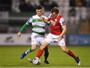 29 April 2019; Simon Madden of St Patrick's Athletic in action against Trevor Clarke of Shamrock Rovers during the SSE Airtricity League Premier Division match between Shamrock Rovers and St Patrick's Athletic at Tallaght Stadium in Dublin. Photo by Seb Daly/Sportsfile