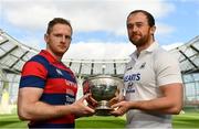 1 May 2019; Michael Noone of Clontarf, left, and Brian Hayes of Cork Constitution pictured with the cup during the All-Ireland League Final Media Day at Aviva Stadium in Dublin. Photo by Sam Barnes/Sportsfile