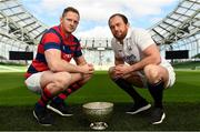 1 May 2019; Michael Noone of Clontarf, left, and Brian Hayes of Cork Constitution pictured with the cup during the All-Ireland League Final Media Day at Aviva Stadium in Dublin. Photo by Sam Barnes/Sportsfile