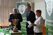 1 May 2019; Fergal Harte, Fota Collection, centre, along with Noel Fitzroy, Vice-President of the FAI, left, and FAI board member Niamh O'Donoghue during the 2019 Fota Island Resort FAI Gaynor Tournament draw at City Hall in Merchants Quay, Limerick. Photo by Diarmuid Greene/Sportsfile