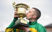 2 May 2019; Mark Walsh celebrates with the cup after riding Unowhatimeanharry to win the Ladbrokes Champion Stayers Hurdle at Punchestown Racecourse in Naas, Kildare. Photo by David Fitzgerald/Sportsfile