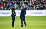 3 May 2019; Ireland captain William Porterfield, left, and England captain Eoin Morgan in conversation during a pitch inspection prior to the One Day International between Ireland and England at Malahide Cricket Ground in Dublin. Photo by Sam Barnes/Sportsfile