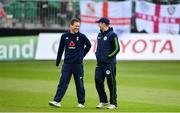 3 May 2019; Ireland captain William Porterfield, right, and England captain Eoin Morgan in conversation during a pitch inspection prior to the One Day International between Ireland and England at Malahide Cricket Ground in Dublin. Photo by Sam Barnes/Sportsfile