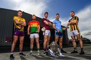 3 May 2019; Hurlers, from left to right, Rory O'Connor of Wexford, Richard Cody of Carlow, Pauric Mannion of Galway, Paddy Smith of Dublin and Conor Fogarty of Kilkenny at the launch of the Leinster GAA Senior Championships at the Casement Aerodrome in Baldonnel, Dublin. Photo by Ramsey Cardy/Sportsfile