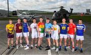 3 May 2019; Footballers, from left to right, Michael Furlong of Wexford, Kieran Martin of Westmeath, Andrew Farrell of Wicklow, Eoin Doyle of Kildare, John Murphy of Carlow, Brian Howard of Dublin, Niall Darby of Offaly, Dean Healy of Wicklow, Bevan Duffy of Louth and Gareth Dillon of Laois during the launch of the Leinster GAA Senior Championships at the Casement Aerodrome in Baldonnel, Dublin. Photo by David Fitzgerald/Sportsfile