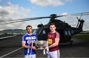 3 May 2019; Gareth Dillon of Laois, left, and Kieran Martin of Westmeath during the launch of the Leinster GAA Senior Championships at the Casement Aerodrome in Baldonnel, Dublin. Photo by David Fitzgerald/Sportsfile