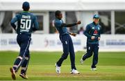 3 May 2019; Jofra Archer of England celebrates after bowling out Mark Adair of Ireland during the One Day International between Ireland and England at Malahide Cricket Ground in Dublin. Photo by Sam Barnes/Sportsfile