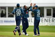 3 May 2019; Jofra Archer of England, centre,  celebrates with Joe Denly, right, and Ben Foakes,  after bowling out Mark Adair of Ireland during the One Day International between Ireland and England at Malahide Cricket Ground in Dublin. Photo by Sam Barnes/Sportsfile