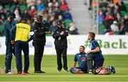 3 May 2019; Dawid Malan of England receives treatment during the One Day International between Ireland and England at Malahide Cricket Ground in Dublin. Photo by Sam Barnes/Sportsfile