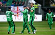3 May 2019; Kevin O’Brien, centre,  celebrates with Tim Murtagh of Ireland, left,  after catching out Joe Denly of England during the One Day International between Ireland and England at Malahide Cricket Ground in Dublin. Photo by Sam Barnes/Sportsfile
