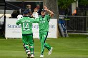 3 May 2019; Mark Adair of Ireland , right, celebrates a catch with Gary Wilson during the One Day International between Ireland and England at Malahide Cricket Ground in Dublin. Photo by Sam Barnes/Sportsfile