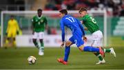 3 May 2019; Vasileios Grosdis of Greece in action against Séamas Keogh of Republic of Ireland during the 2019 UEFA European Under-17 Championships Group A match between Republic of Ireland and Greece at Tallaght Stadium in Dublin. Photo by Stephen McCarthy/Sportsfile