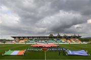 3 May 2019; Teams and officials line up prior to the 2019 UEFA European Under-17 Championships Group A match between Republic of Ireland and Greece at Tallaght Stadium in Dublin. Photo by Stephen McCarthy/Sportsfile