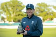 3 May 2019; Eoin Morgan of England with the trophy following the One Day International between Ireland and England at Malahide Cricket Ground in Dublin. Photo by Sam Barnes/Sportsfile