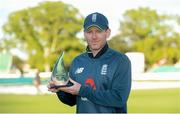 3 May 2019; Eoin Morgan of England with the trophy following the One Day International between Ireland and England at Malahide Cricket Ground in Dublin. Photo by Sam Barnes/Sportsfile