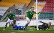3 May 2019; Matt Everitt of Republic of Ireland celebrates after scoring his side's first goal during the 2019 UEFA European Under-17 Championships Group A match between Republic of Ireland and Greece at Tallaght Stadium in Dublin. Photo by Stephen McCarthy/Sportsfile