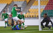 3 May 2019; Matt Everitt of Republic of Ireland scores his side's first goal during the 2019 UEFA European Under-17 Championships Group A match between Republic of Ireland and Greece at Tallaght Stadium in Dublin. Photo by Stephen McCarthy/Sportsfile