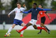 3 May 2019; Jensen Weir of England is tackled by Jean-Claude Ntenda of France during the 2019 UEFA European Under-17 Championships Group B match between England and France at City Calling Stadium in Longford. Photo by Eóin Noonan/Sportsfile