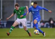 3 May 2019; Vasileios Pavlidis of Greece in action against Conor Carty of Republic of Ireland during the 2019 UEFA European Under-17 Championships Group A match between Republic of Ireland and Greece at Tallaght Stadium in Dublin. Photo by Stephen McCarthy/Sportsfile