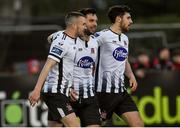 3 May 2019; Patrick Hoban of Dundalk, centre, celebrates withMichael Duffy, left, and Jordan Flores, right, after scoring his sides second goal during the SSE Airtricity League Premier Division match between Dundalk and Derry City at Oriel Park in Dundalk, Louth. Photo by Oliver McVeigh/Sportsfile