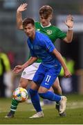 3 May 2019; Ioannis Karakoutis of Greece in action against Matt Everitt of Republic of Ireland during the 2019 UEFA European Under-17 Championships Group A match between Republic of Ireland and Greece at Tallaght Stadium in Dublin. Photo by Stephen McCarthy/Sportsfile